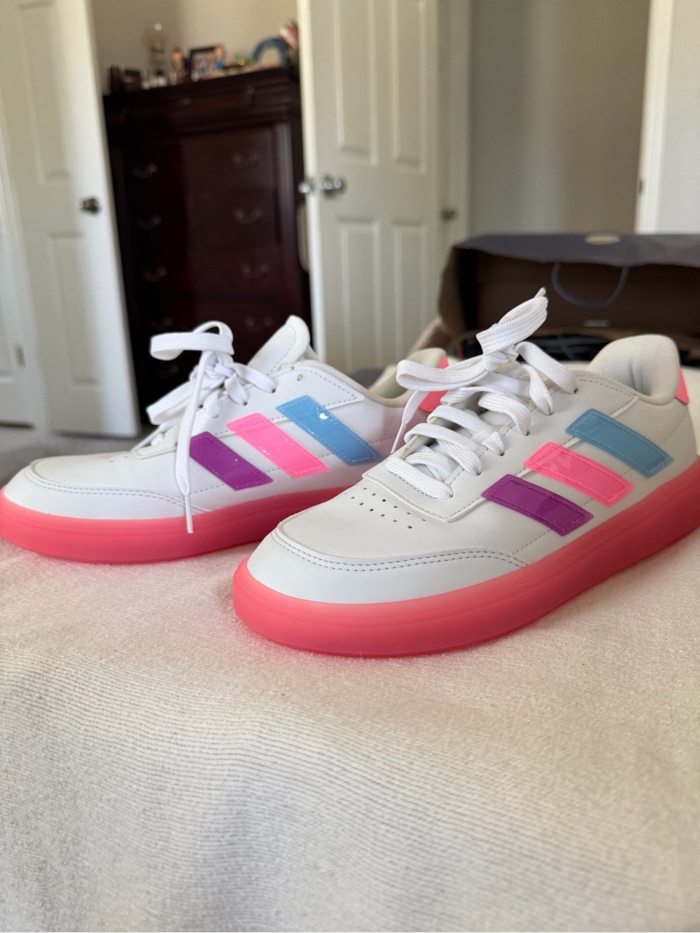 adidas Kids White Sneakers with Pink & Blue Stripes and Pink Sole
